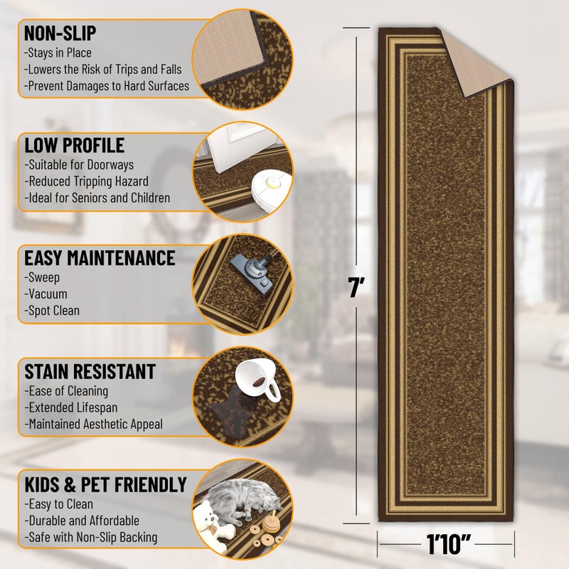 Ottomanson Hallway Runner Rug 1'10" x 7' Non Slip Border Area Rugs Easy to Clean Laundry Rug Runner Durable & Pet Friendly Floor Carpet Runners for Hallways Entryway Living Room Kitchen, Brown - Image 2